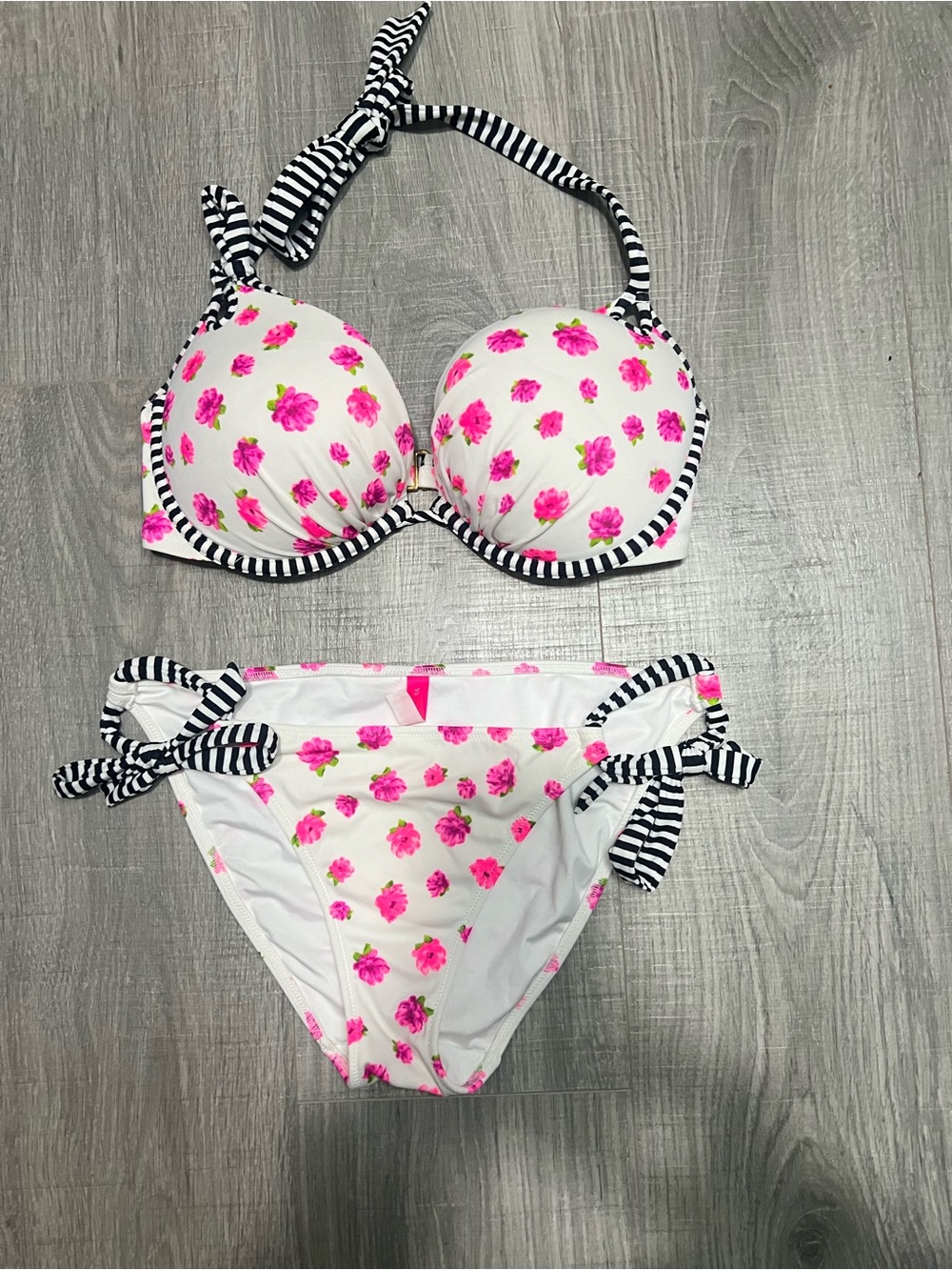 Victoria's Secret White Bikini with Hot Pink Trim and Neon Accents